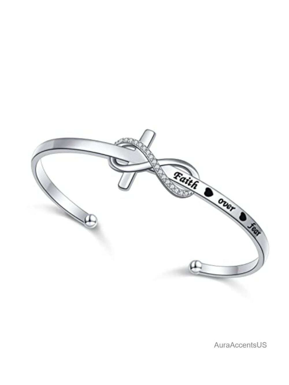 925 Sterling Silver Faith Over Fear Heart Infinity Cross Cuff Bangle Bracelet
